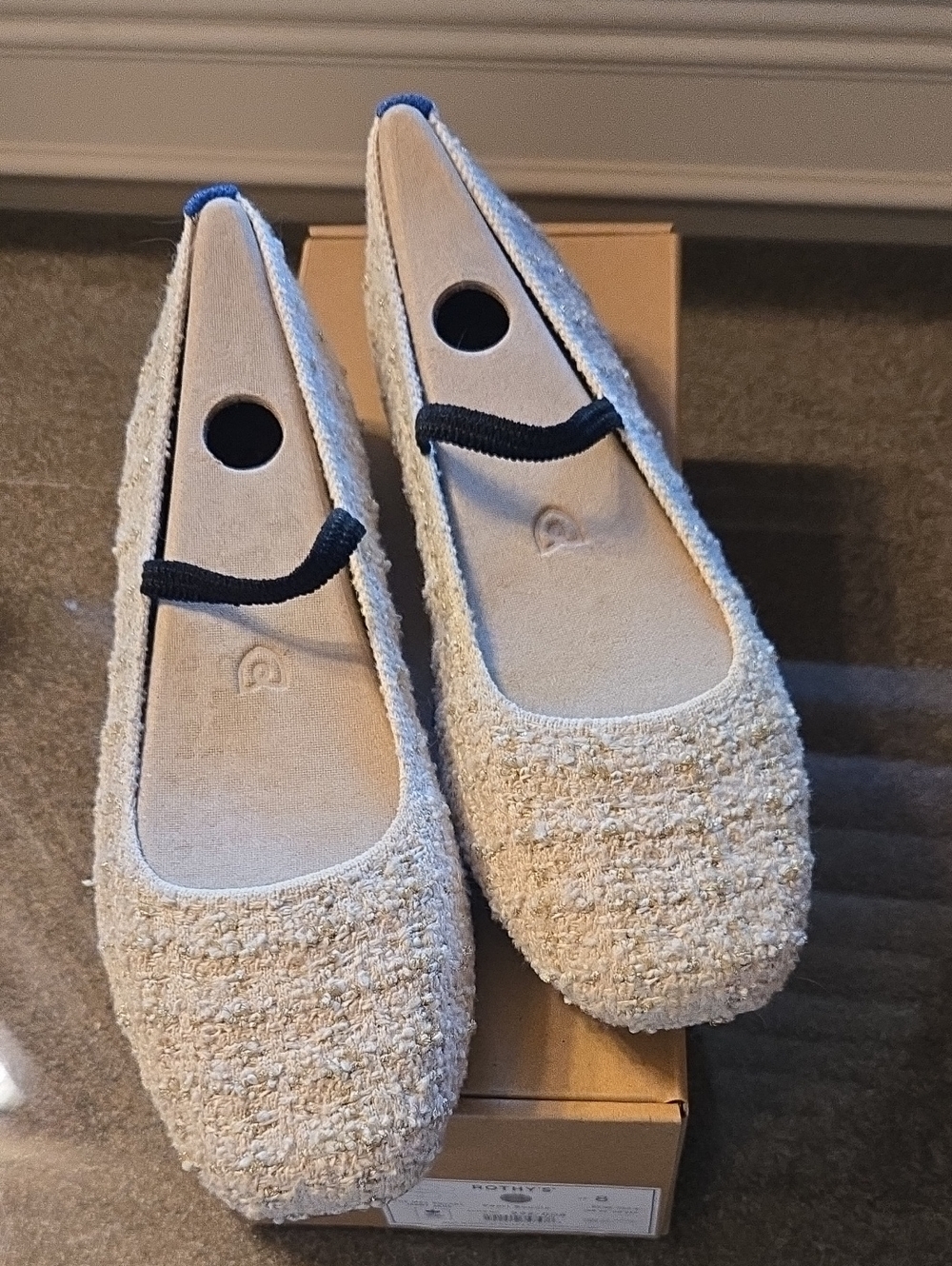 Rothy's Cream Bouclé Ballet Flats with Black Elastic Strap Size 8 NIB